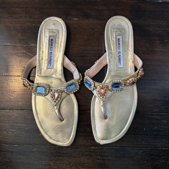Manolo Blahnik Gold Leather Jeweled Flats - sz 38 (runs small - best for a 37) - Picture 2 of 10